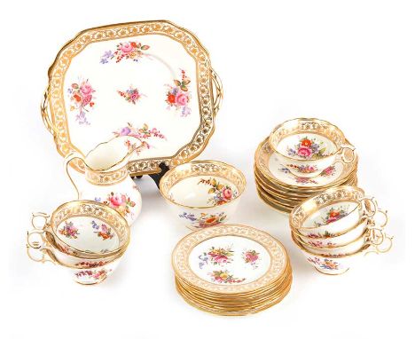 TWENTY-SEVEN PIECE HAMMERSLEY CHINA TEA SET WITH GILT BORDERS & DECORATED WITH PAINTED FLOWERS.SET INCLUDES: EIGHT CUPS, SAUC