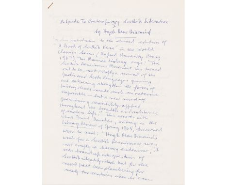 Macdiarmid, Hugh [Grieve, C.M.] A Guide to Contemporary Scottish Literature I 11pp., 4to, manuscript, signed at head, preserv