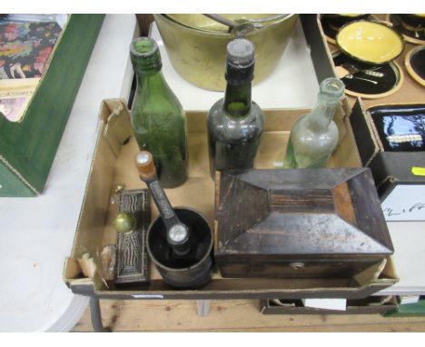 A box to include 19th century coromandel tea caddy, glass bottles etc&nbsp;&nbsp;