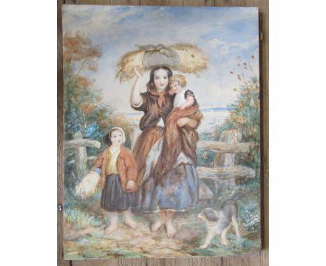 An unframed watercolour, mother, children and dog with corn