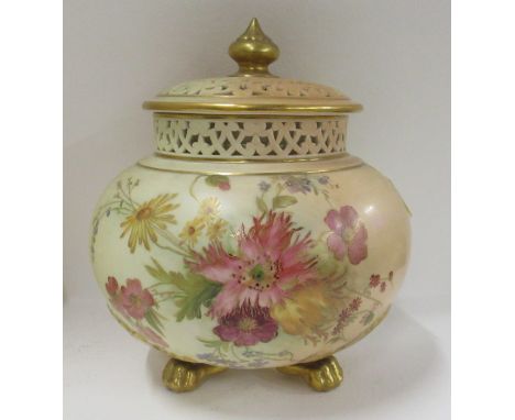 A Royal Worcester blush ivory covered pot pourri, with inner cover, decorated with floral sprays, shape number G293, height 8