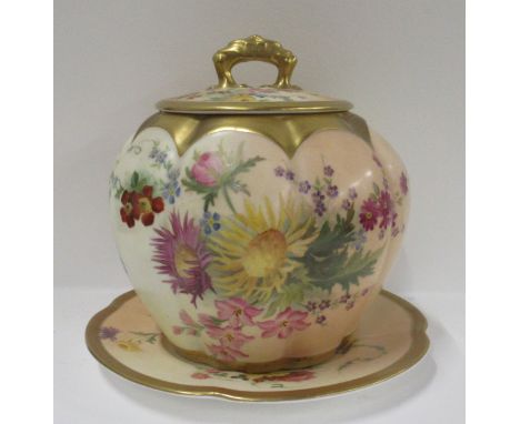 A Royal Worcester blush ivory covered cracker barrel and stand, decorated with floral sprays, height 7.5ins