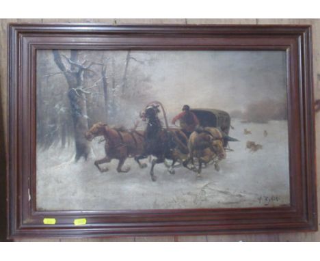 A Ryeski, oil on canvas, Russian sledge pilled by horses, in the snow, 14ins x 22ins