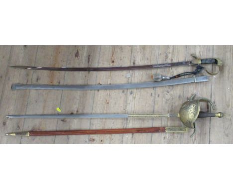 A Dutch Naval sword, with wire bound grip having lion pommel and single bar hilt, single edged fullered blade marked Yzerhouw
