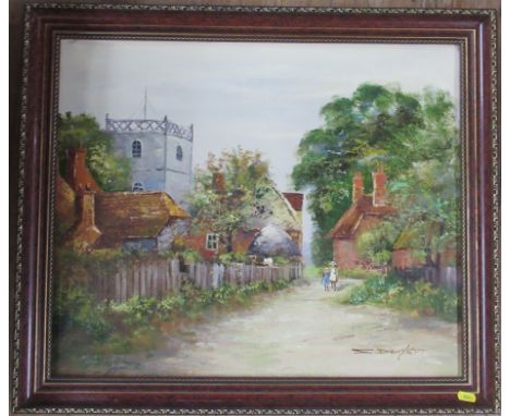 A 20th century oil on canvas, village scene with children on path with church and buildings, indistinctly signed, 20ins x 24i