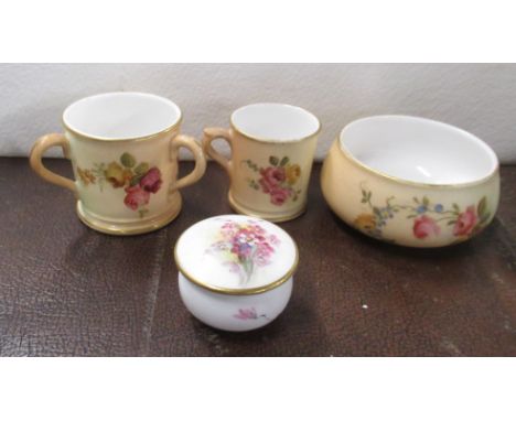 Four pieces of Royal Worcester, to include a covered patch box and three pieces of miniature blush ivory