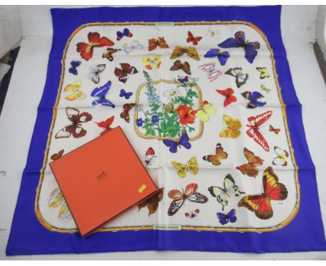 A Hermes silk scarf, Farandole by Caty, decorated with butterflies, boxed