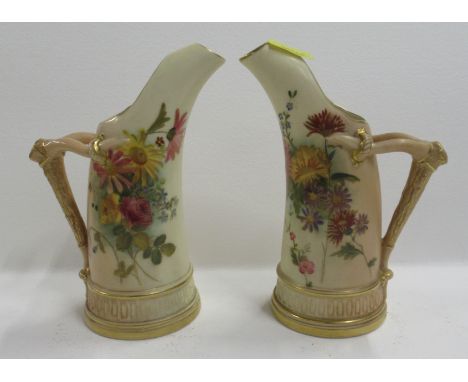 A pair of Royal Worcester blush ivory tusk jugs, decorated with floral sprays, shape number 1116, height 6.25ins
