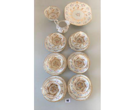 Royal Chelsea 21 piece tea service comprising 6 cups, 6 saucers, 6 side plates, 1 sandwich plate, sugar and cream jug. 1 cup 