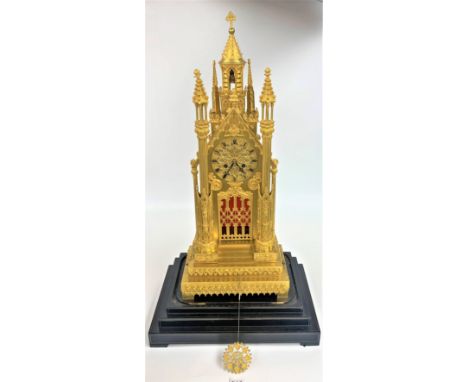 Rheims clock on 3 tier ebony base with perspex dome, marked Devaulx Paris 528, Medaille D’Or Pons 1827. Clock 26” high on bas