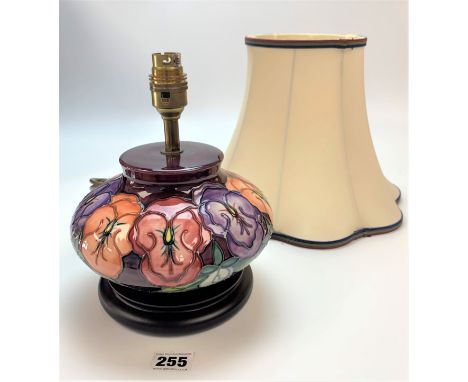 Moorcroft bulbous lamp 6” high, with fittings and shade 16” high , Pansies design