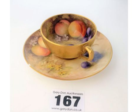 Royal Worcester fruit pattern cabinet cup and saucer, signed R. Seabright. Small chip on rim of saucer