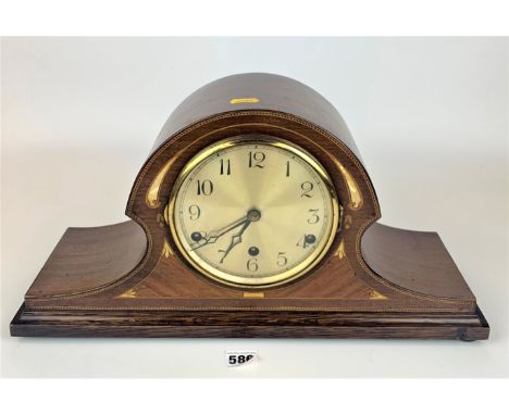 Inlaid Wellington shaped 3-hole mantle clock, 18.5” long x 9.5” high