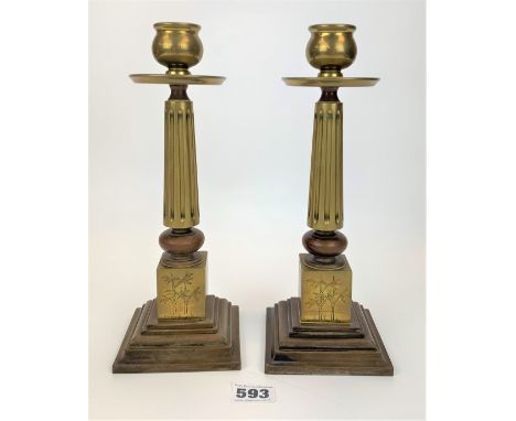 Pair of brass candlesticks (possible clock side pieces), 10.5”h