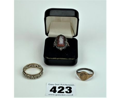 3 rings 9k gold on silver – signet ring size N, eternity ring size R and cameo style ring size I. Total w: 0.3 ozt