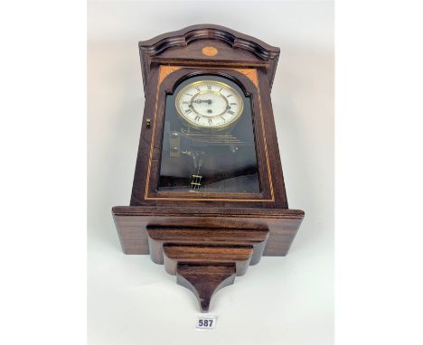 Inlaid 3-hole wall clock with pendulum and key, 26” long