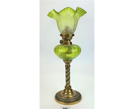 Brass and green glass oil lamp 14” high