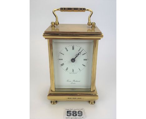 Brass carriage clock by Thomas Braithwaite, London. Battery run. 4.5” high