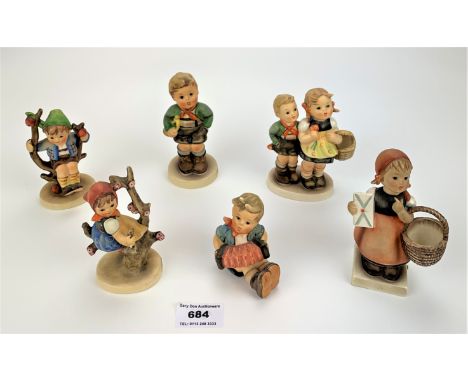 6 W. Goebel (Hummel) figures - ‘Meditation’, ‘Apple Tree Boy’, ‘Trumpet Boy’ ‘Apple Tree Girl’, unnamed boy &amp; girl couple