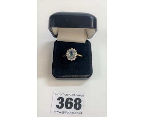 18k gold, diamond and light blue stone ring, size O, w: 4 gms