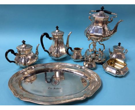 A comprehensive World War II German tea service, comprising a salver, spirit kettle, tea, coffee, cream and sugar. Stamped '8