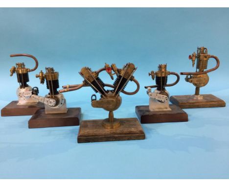 Five model vintage motorcycle engines, 2 x Stamped JAP, then BSA, AJS &amp; REX. Size 16cm to 19cm Height