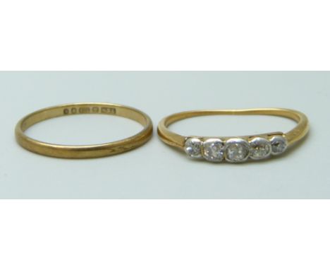 A yellow metal and diamond ring, 1.2g, and a 9ct gold wedding band, 0.6g, K