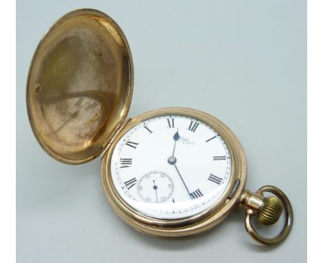 A Waltham gold plated full hunter pocket watch with inscription on inner cuvet dated 1923, Star Dennison case