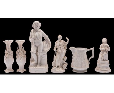 A mixed group of Parian, comprising a pair of vases the shoulders moulded with fruiting vine, a figure of a young fisherman, 