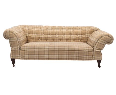 A late Victorian / Edwardian button re-upholstered drop end Chesterfield sofa, 20th century; with outscrolled back and arms, 