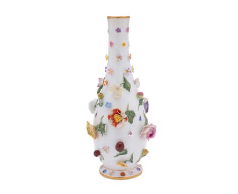 A Meissen porcelain bottle vase applied and painted with flowers, fruit and insects, crossed swords mark and impressed numera