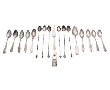 A small group of silver, to include six Japanese long cocktail spoons, ten German silver tea spoons stamped 800 and a pickle 