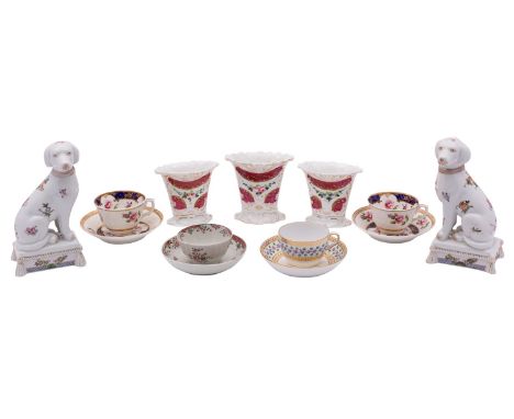 A mixed lot of porcelain, 19th century and later comprising a pair of early 19th century English tea cups and saucers painted