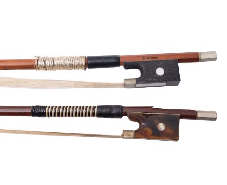 A German nickel mounted pernambuco viola bow, by G Werner, 20th century; the stick with ebony frog inlaid with mother-of-pear