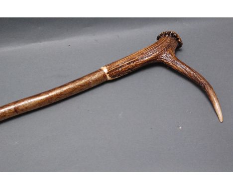 Hazel shaft walking stick with stag antler handle.  Length 124 cm. 