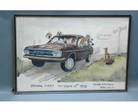 John William Wilkinson (Wilk 1906-1994), watercolour "Opening Meet October 10th 1973 Horse & Farrier Threlkeld", hounds in ca