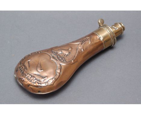 G. & J.W. Hawksley of Sheffield brass and copper powder flask, embossed with dog and pheasant decoration.  Length 20 cm. 