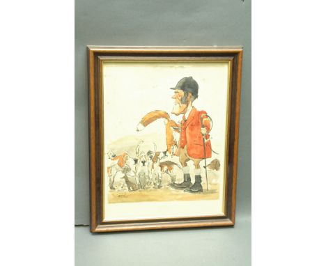 John William Wilkinson (Wilk 1906-1994), watercolour cartoon, Johnny Richardson of The Blencathra Foxhounds with fox and houn