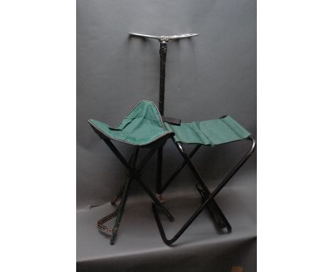 Shooting stick, folding stool and folding tripod stool.