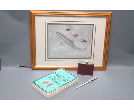 Book Fishing's Strangest Days, hip flask, pewter fish letter opener and pencil drawing of salmon with 3 inset flies, 20 cm x 
