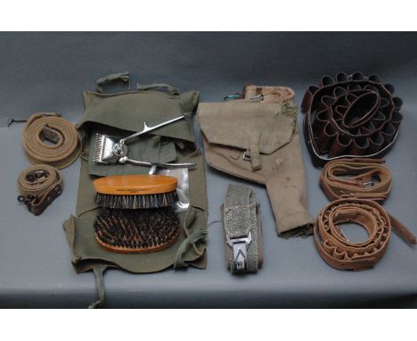 Military Issue barbers kit, brushes stamped with broad arrow and 1943, and cartridge belts, holster, etc. 
