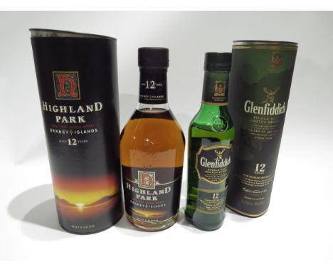 Highland Park 12 Year Old Orkney Islands Single Malt Scotch Whisky 700ml in tube. Glenfiddich 12 Year Old Single Malt Scotch 