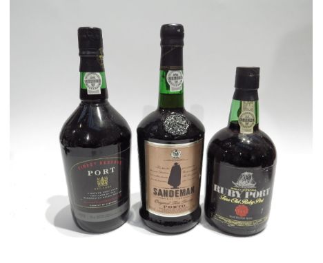 3 bottles of Port, Sandeman Fine Tawny Porto, Finest Reserve Port Marks and Spencers, Fine Old Ruby Port selected for Tesco (