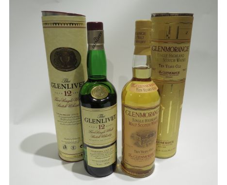 The Glenlivet 12 Years Old Pure Single Malt Scotch Whisky 70cl in tube. Glenmorangie 10 Years Old Single Highland Malt Scotch