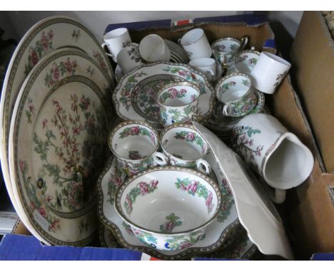 Three large boxes of a dinner service, part tea sets, plates, wicker basket, glass etc 
