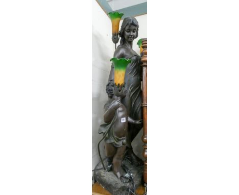 A large Art Deco Tiffany style, lady with child, figure table lamp with coloured glass shades 