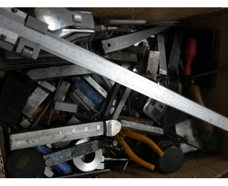 A quantity of engineering tools, cutting blades, air tool, sander, 3' engineers gauge etc
