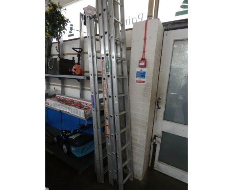 A double Decker three in one ladder, a small ten rung aluminium extending ladder, an eleven ring Double extending ladder and 