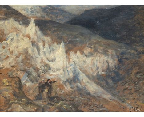 Keller, Ferdinand (1842 Karlsruhe-1922 Baden-Baden) "Wanderer in den Bergen" Öl/ Karton, min. Farbverluste, monogr. u.r., rüc