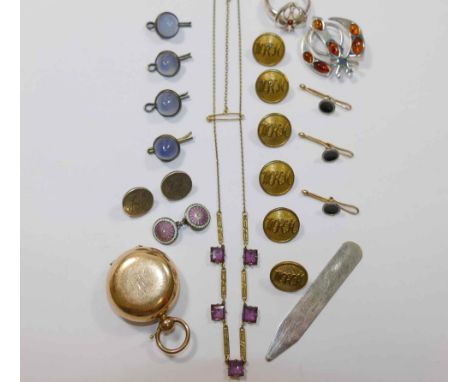 Assorted items comprised of a single silver collar stiffener 6.3cm long, a single silver and enamel cuff link, a rolled gold 